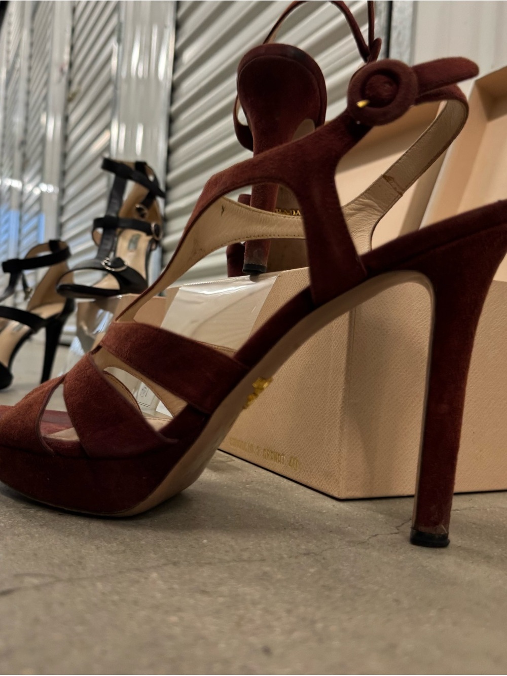 US$125 Prada Burgundy Suede Strappy Platform High Heel Sandal